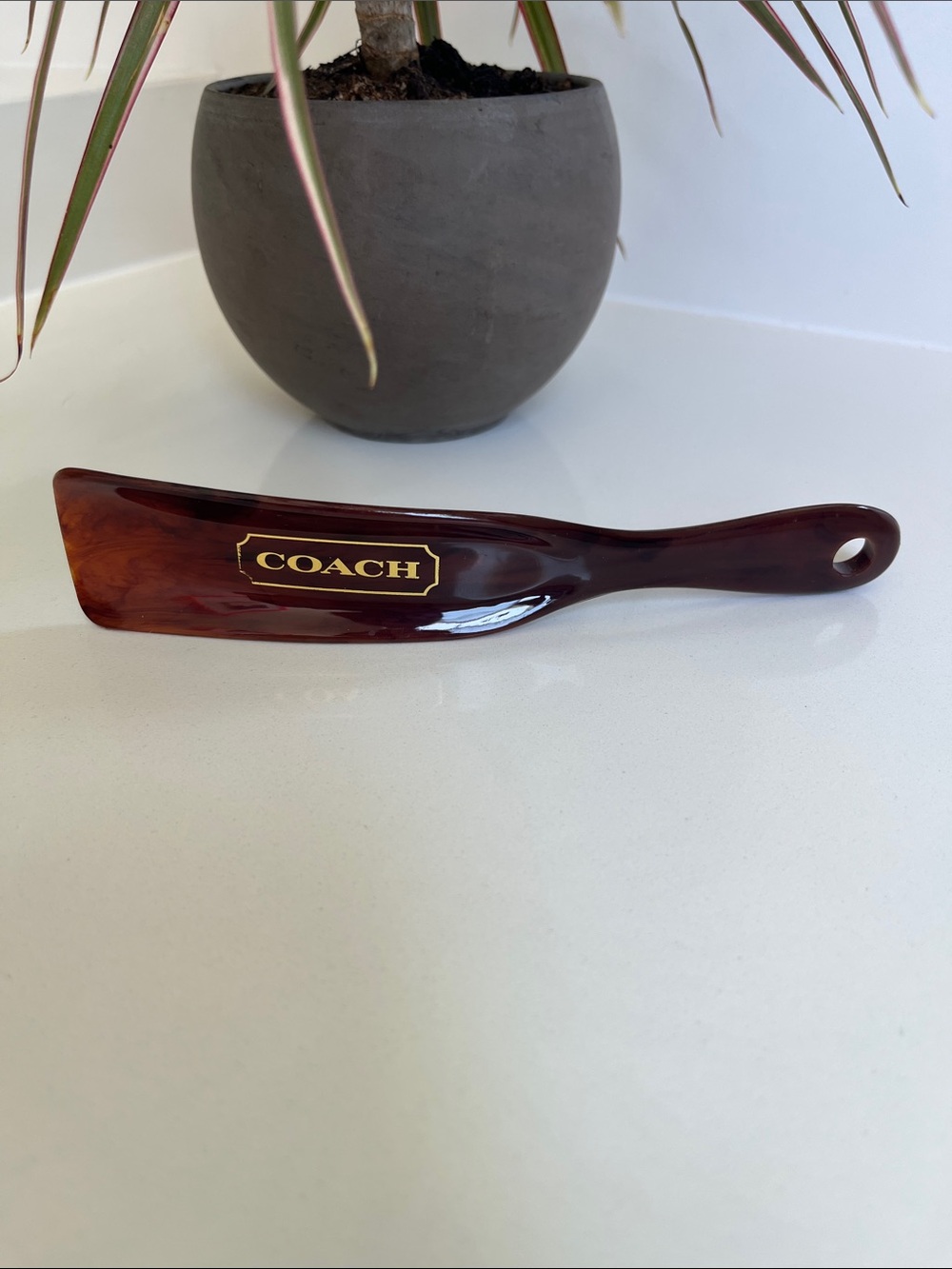 COACH Tortoiseshell-Style Shoe Horn with Gold Logo
